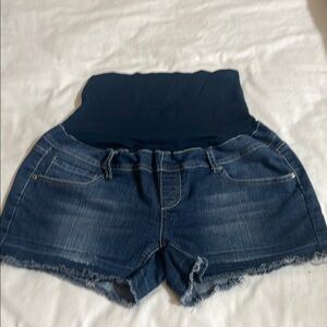 Maternity Blue Jean Shorts with Distressed Hem